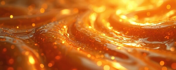 Fiery orange fluid forms swirling patterns with light reflections. Tiny golden particles float within viscous liquid creating abstract background effect. Bright, energetic motion blends warm hues.