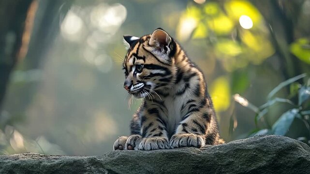 Adorable Clouded Leopard Cub Posing on a Rock.