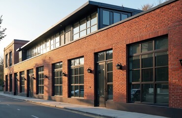 Red brick building exterior with large dark framed windows and simple modern roofing. Side street view of industrial architecture with outdoor lights and clear sky.