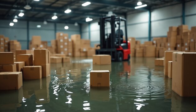 Cardboard boxes float in flooded warehouse with forklift working. Water damage in industrial storage facility. Storm flood destruction in logistics center.