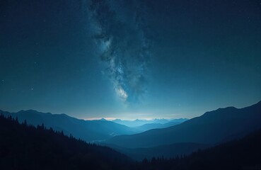 Mountain range layered silhouette under starry night sky. Milky Way galaxy arc glows above dark blue landscape. Pine forest borders valley with faint lights.