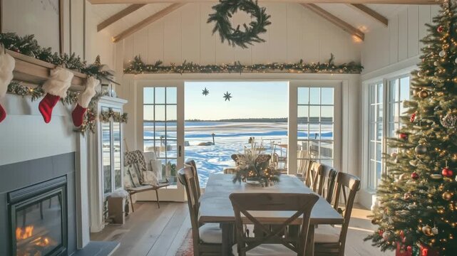 Cozy Christmas-themed cape cod dining room with a view of a snowy landscape.