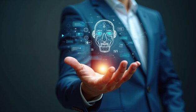 Businessman in suit holds virtual AI human head hologram. Digital assistant offers smart tech communication. Man presents future business solutions, innovation, connectivity, personalized help