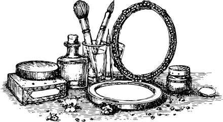 Makeup accessories set including brushes, containers, and a mirror in vintage line drawing style. Detailed vector illustration showcases elegance.