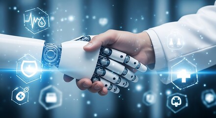 Human and robot handshake symbolizing advanced AI integration in future healthcare technology with digital medical icons