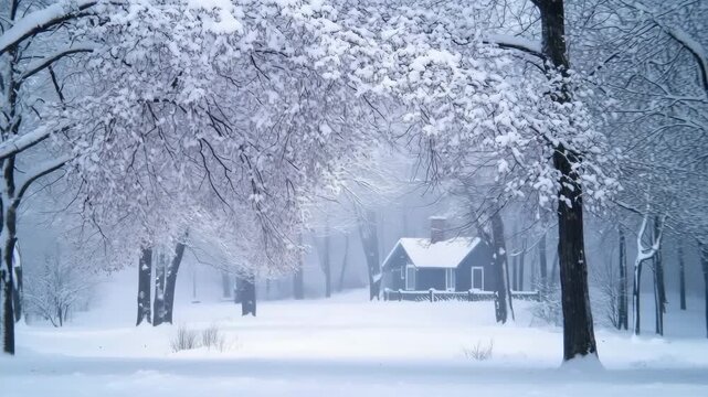 A serene winter landscape featuring a snow-covered cape cod house surrounded by trees, with a soft snowfall creating a tranquil atmosphere