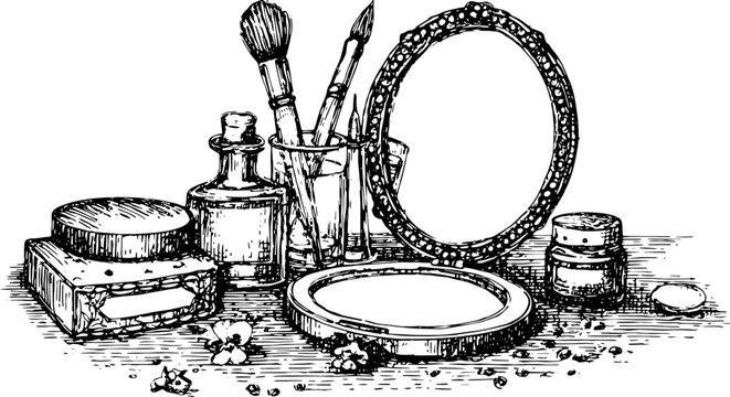 Makeup accessories set including brushes, containers, and a mirror in vintage line drawing style. Detailed vector illustration showcases elegance.