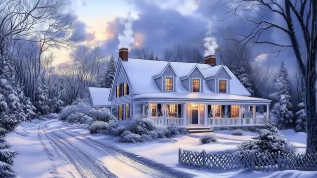 A cozy winter cape cod house covered in snow, with smoke rising from the chimneys, surrounded by trees and a snowy landscape, warm lights glowing from the windows