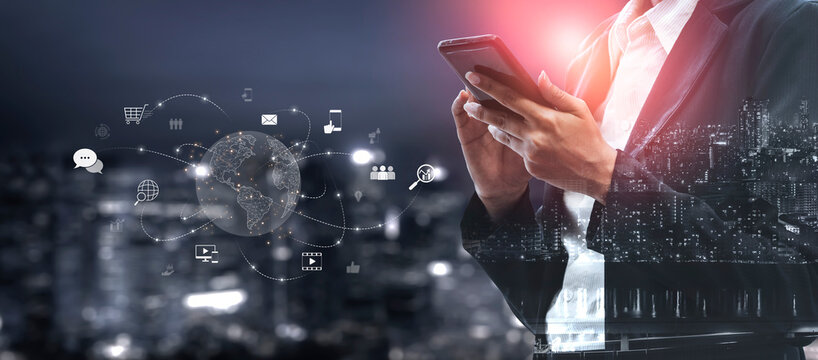 Visualization of global digital communication and online across multiple platforms, including global network, digital network, communication network, and online network. Vouch