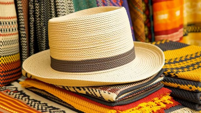 Stylish Hat Display: An inviting display showcases a fashionable hat atop a stack of vibrant textiles, hinting at a world of artisanal craftsmanship and sartorial elegance.