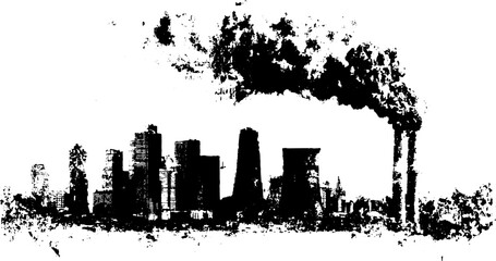 Skyline silhouette with factory smoke in a black outline. Vintage vector illustration showcasing industrial pollution in an urban environment.