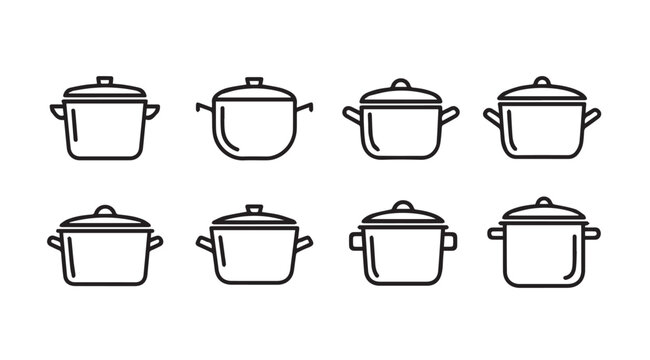 Collection of eight simple cooking pot outlines in a silhouette style