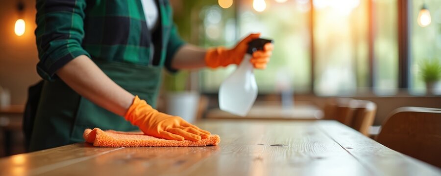 Woman in green apron and orange gloves wipes wooden table with cloth and spray bottle. Cleaner disinfects furniture in a restaurant or cafe. Pro housekeeping service.