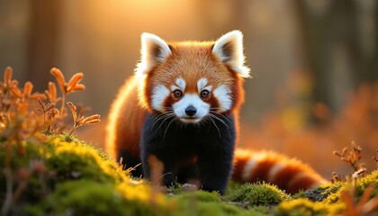 Red panda portrait in natural habitat. The animal sits among moss and leaves. Warm light enhances fur details. Wildlife photo featuring a cute furry creature.