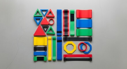 Colorful geometric shapes arranged in creative abstract pattern on gray background