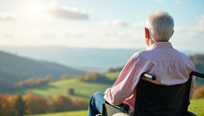 Elderly man in wheelchair contemplates scenic autumn landscape. Bright sky illuminates rolling hills and trees. A day for reflection and enjoying nature beauty.