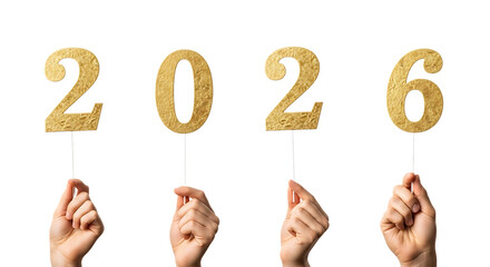 Hands holding golden numbers 2026 isolated on transparent background