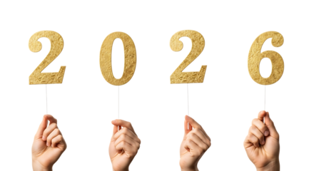 Hands holding golden numbers 2026 isolated on transparent background