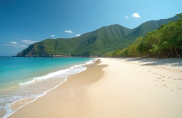 Obraz premium Tropical beach with white sand and turquoise water. Green mountains and trees in the background. Clear blue sky with a few clouds. Peaceful and serene environment perfect for relaxation and vacation.