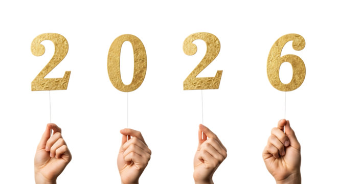 Hands holding golden numbers 2026 isolated on transparent background - Powered by Adobe