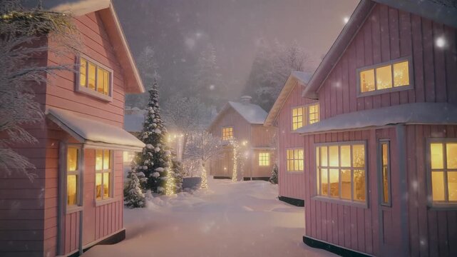 Cozy Pink Houses in a Snowy Village Decorated with Christmas Lights winter