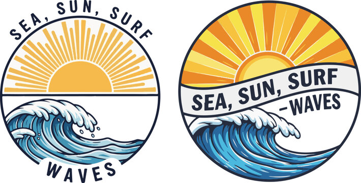 Retro Style Circular Emblems with Sun, Ocean Waves, and Summer Text