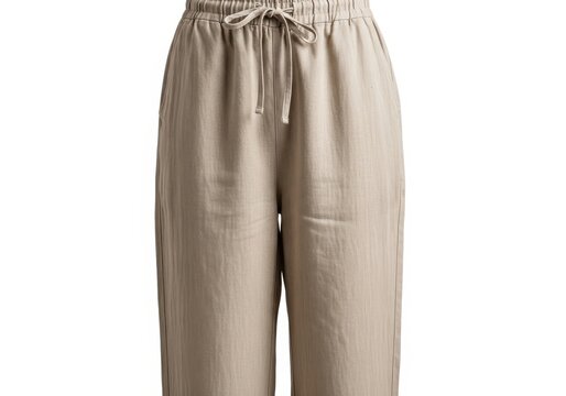 Neutral colored relaxed fit trousers feature an adjustable drawstring waist closure
