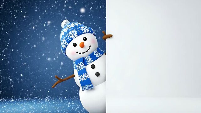 Cute 3D Snowman Mascot Peeking and Waving Background