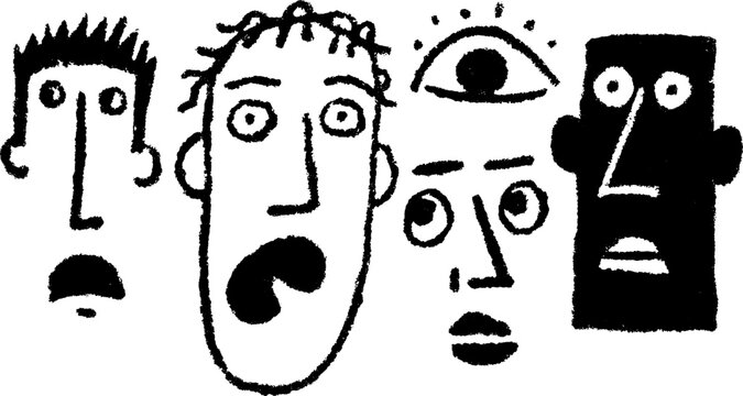 Silhouette faces with expressive features in a hand-drawn style. Unique vector illustration set showcasing various character designs.