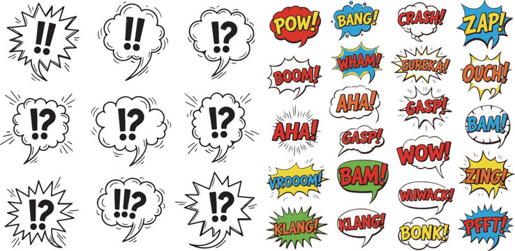 Colorful Comic Book Speech Bubbles with Exclamations and Sound Effects