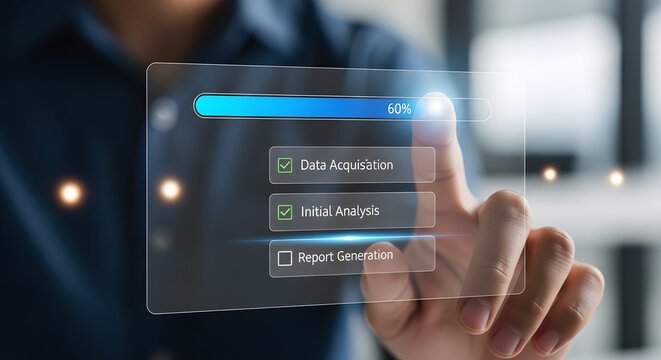 Man checking data acquisition and analysis progress on screen