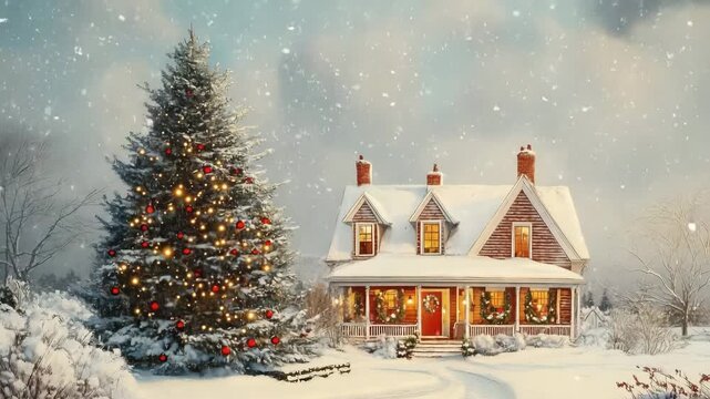 Snow-covered cape cod house with Christmas lights and decorated tree.
