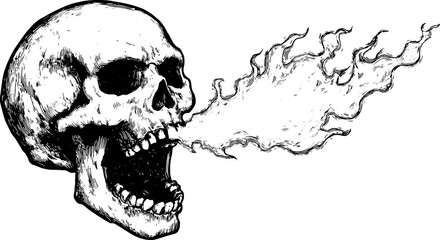 Skull illustration with detailed line art and vintage style. Monochrome graphic design featuring smoke in a retro vector set.