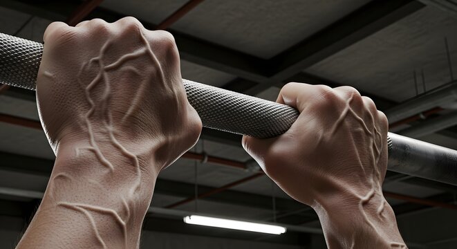 Close-up muscular hands gripping pull-up bar in gym, strength training and fitness workout