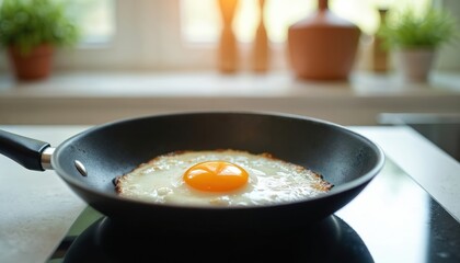 Perfectly cooked fried egg rests in black pan on sleek kitchen induction stove. Bright yellow yolk, crispy white ready for hot fresh breakfast meal. Morning sun shines through window, illuminating