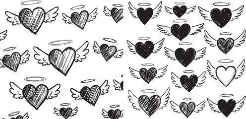 Black and White Sketch Hearts with Wings and Halos Pattern