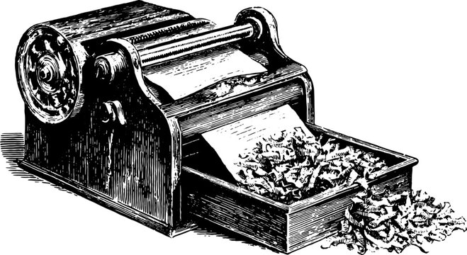 Vintage paper shredder illustration in black and white. This classic device is depicted in a simple and clear vector format.