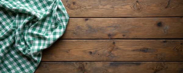 Naklejka premium Green checkered cloth lies on a rustic wooden table. Empty space for text on the right. Top view of a picnic or kitchen background. Use for menus, cards, or web design.