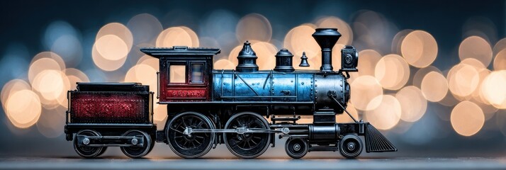 A detailed model of a vintage steam locomotive on display with a blurred light background at night