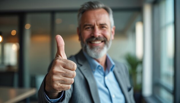 Mature businessman in suit smiles and gives thumbs up gesture. He is happy and confident in modern office interior. Positive feedback and success.
