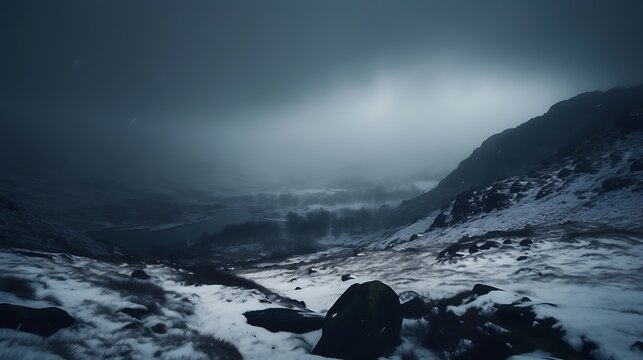 Eerie winter scene: Snowy mountains under a somber, cloud-covered sky