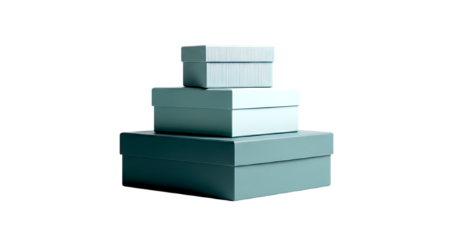 Stack of three light blue gift boxes isolated on transparent background