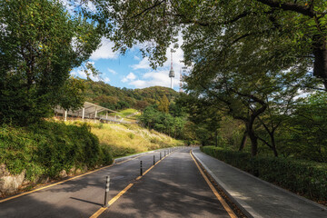 Road in Namsan Park with N Seoul Tower