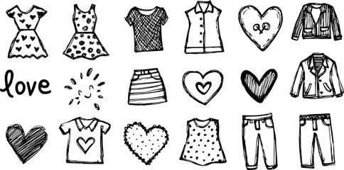 Clothing set featuring dresses, shirts, jackets, and pants. Simple black and white hand-drawn vector illustration with heart motifs.