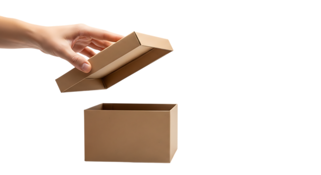 Hand opening a cardboard box isolated on transparent background