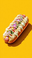 Completo (Chilean hot dog with toppings), dish from Chile on yellow background, minimalist food photo, template for social media, digital ads, web banners, mobile wallpapers, greeting cards