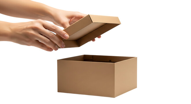 Hands opening a cardboard box isolated on transparent background