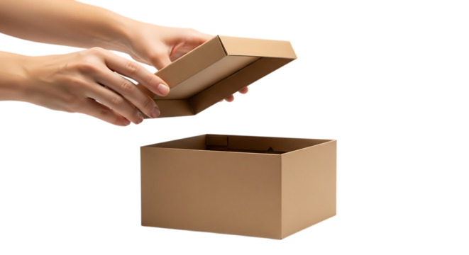 Hands opening a cardboard box isolated on transparent background - Powered by Adobe