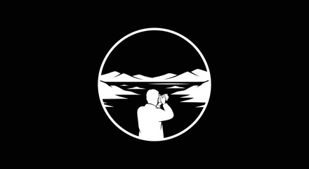 A minimalist black and white logo of a person with binoculars looking at a mountain landscape.