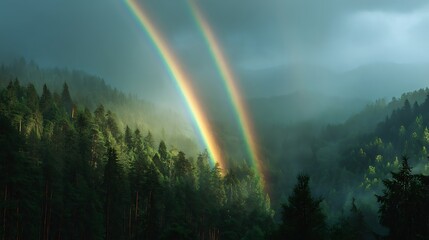 Double rainbow graces a misty evergreen forest creating a magical spectacle